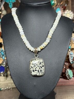Dalmatian Jasper Beaded Pendant Necklace in Cream and Black